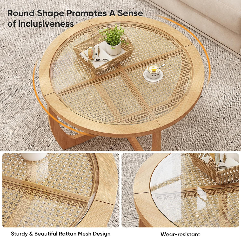 PADMA HOUSE Round Wood Coffee Table with Glass Rattan Top, 32.28" x 18.1...