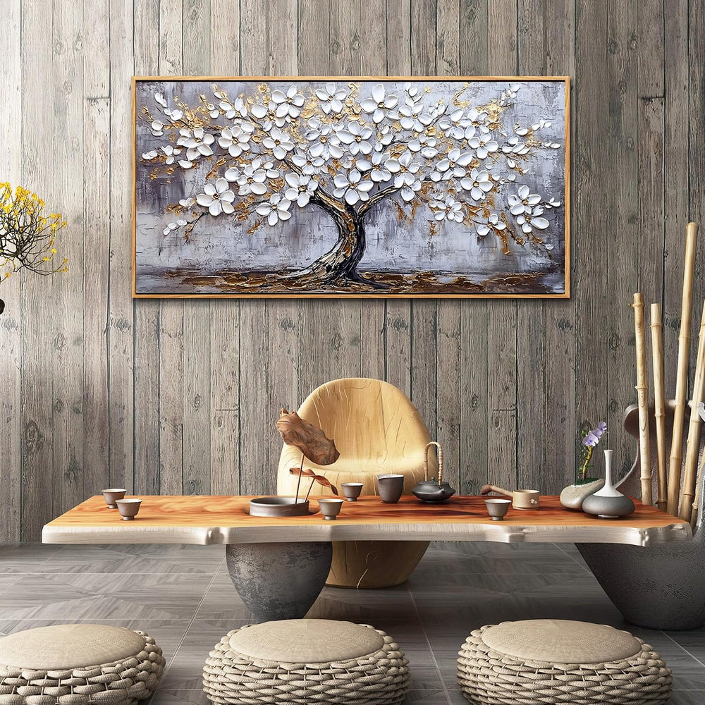 DZRWUBHS Tree of Life Wall Art, Large Wall Art, Framed Wall Decor, White Gold...
