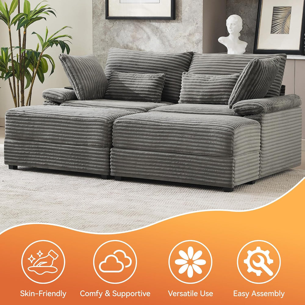 75" Corduroy Loveseat with Storage Ottoman, USB & Coffee Table, Grey