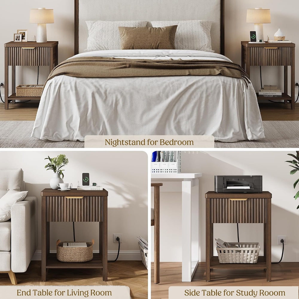 Night Stand Set 2, Fluted Wood Nightstands w/Charging Station for Bedroom