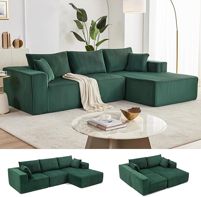 108” Modular Sectional Sofa, Cloud Sectional Couch with Deep Seat, Modern Modular L-Shape Sofa with Chaise,Upholstered Couches for Living Room Bedroom (Corduroy, Green)
