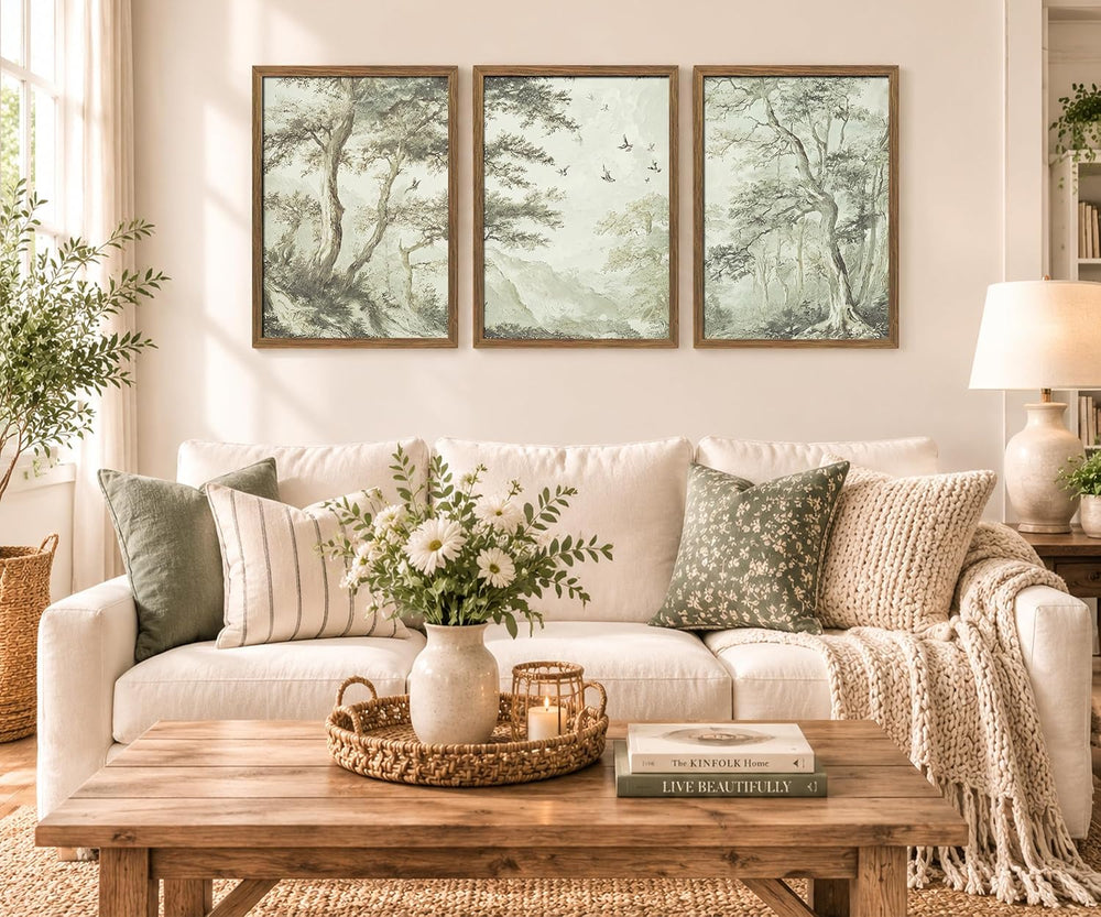 Botanical Forest Wall Art Set of 3 Framed, Vintage Neutral Canvas Prints