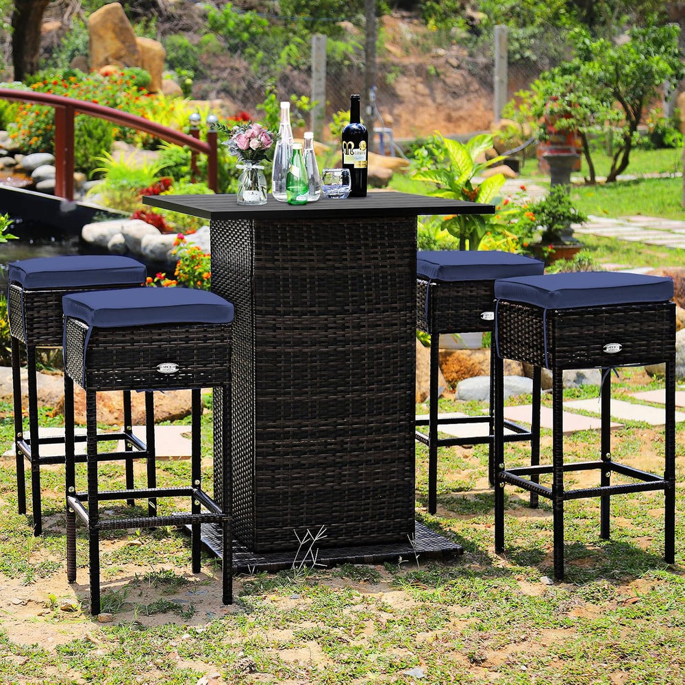 Tangkula 5 Piece Rattan Bar Table and Chairs Set Wirth 4 Cushioned Stools