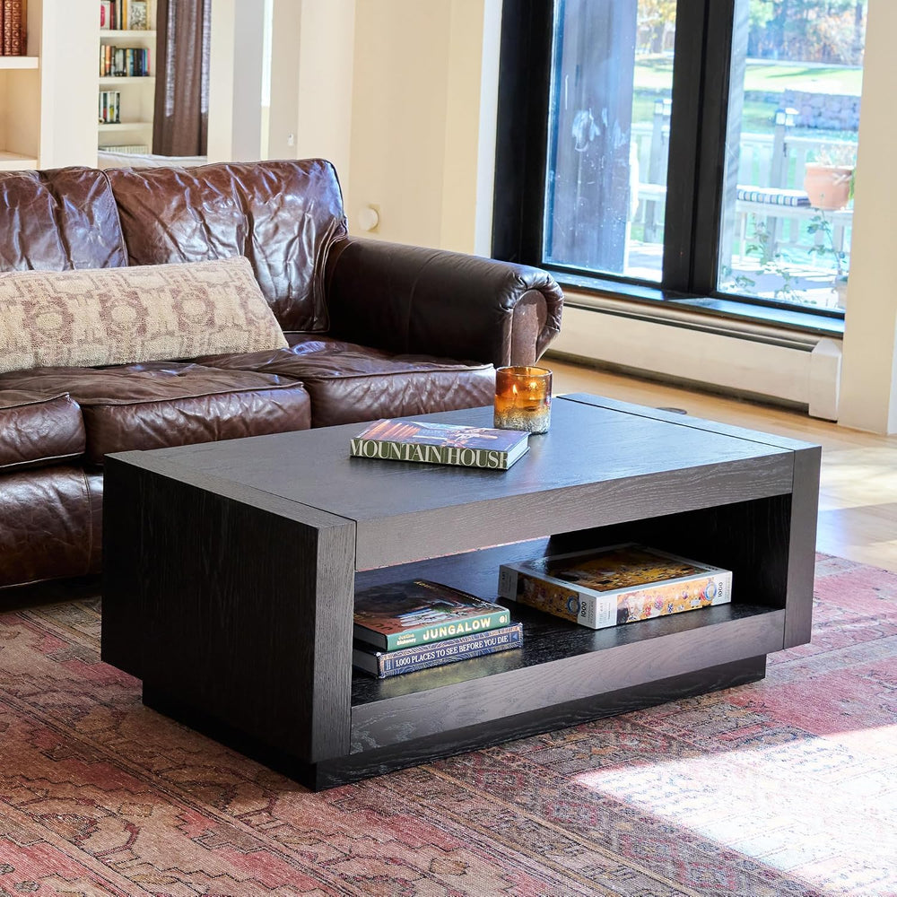 Maven Lane Artemis Coffee Table with Storage, Black Solid Wood, 18"