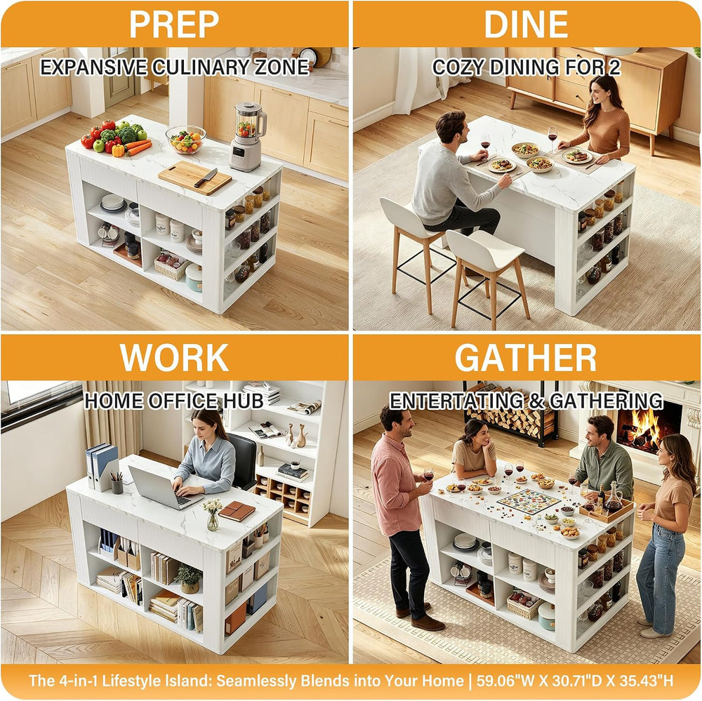 59" Kitchen Island with Storage & Seating for 2, Modern Stationary K...