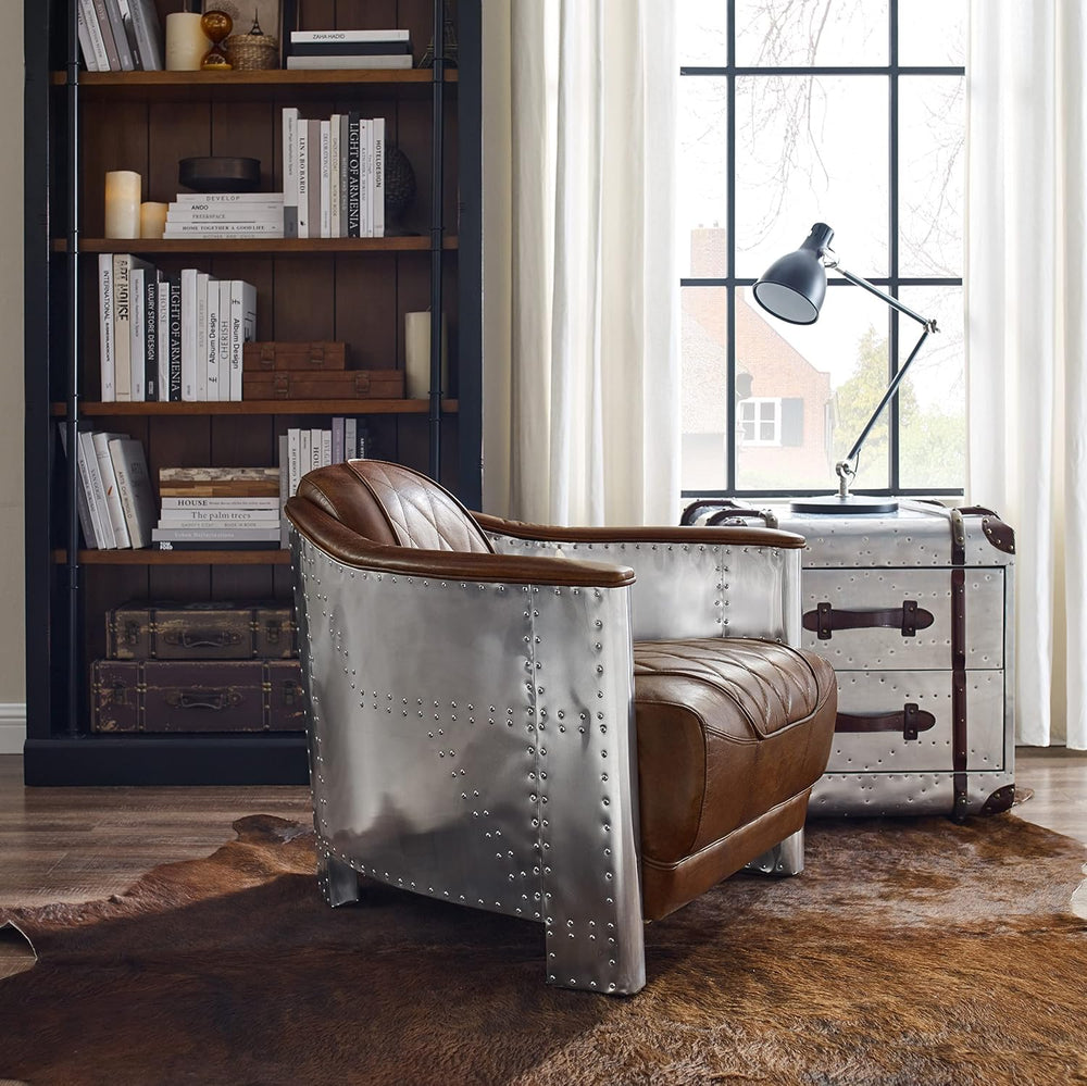 Volans Mid Century Modern Genuine Leather Accent Arm Chair with Vintage Alumi...