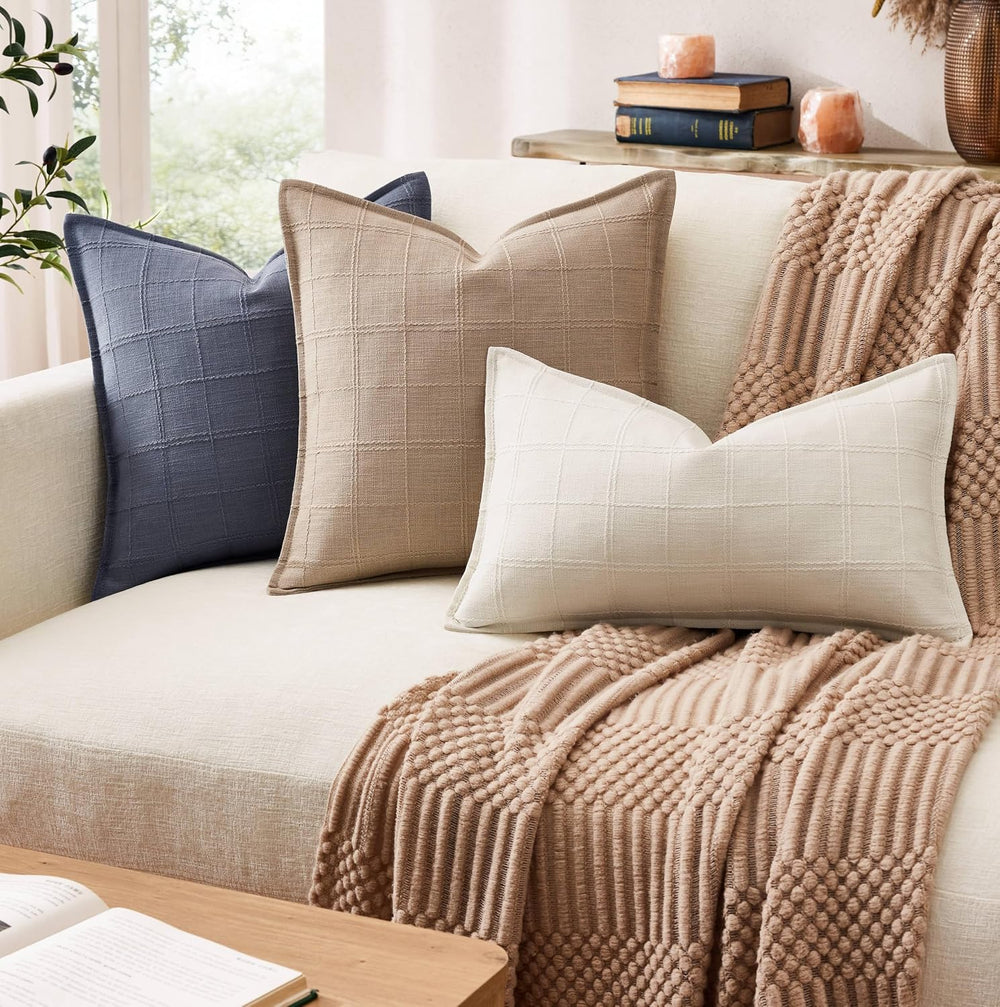 ZeeMart 2pk Check Linen Flanged Pillow Covers 24x24, Cocoa Brown