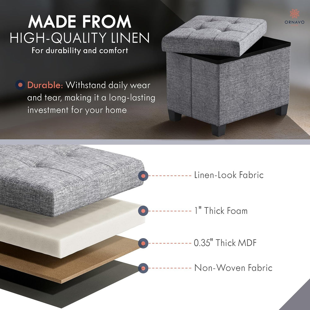 Ornavo Home Small Rectangle Storage Ottoman with Legs, 12x16x12, Gray