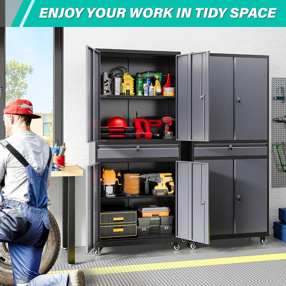 Metal Garage Storage Cabinet with Wheels and Drawer,Gray Rolling Garage Cabin...