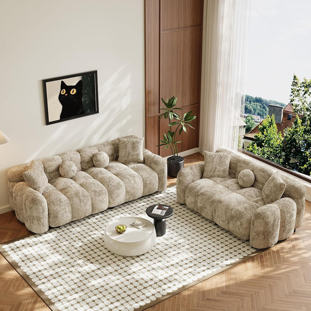 Wrofly 2-Piece Chenille Cloud Sofa Set, Loveseat & 3-Seater, Light Brown