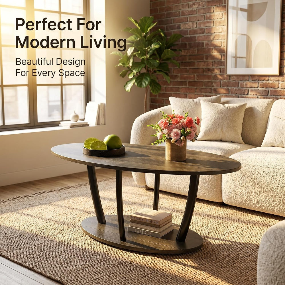 Manora Rustic Small Oval Coffee Table for Living Room, Narrow Wood Center Tab...