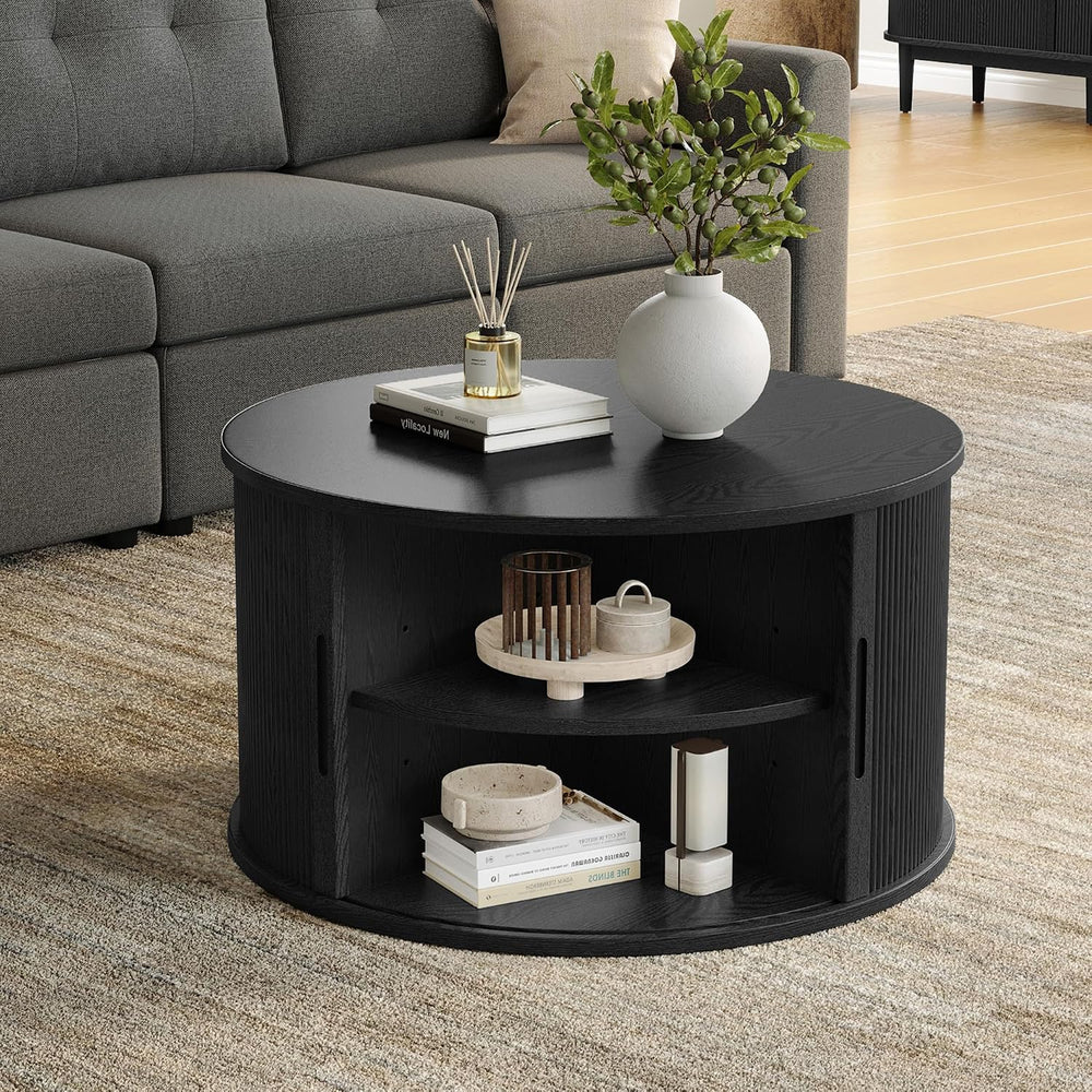 LINSY HOME Round Coffee Table, 31.5" Drum Coffee Table with Sliding Tamb...