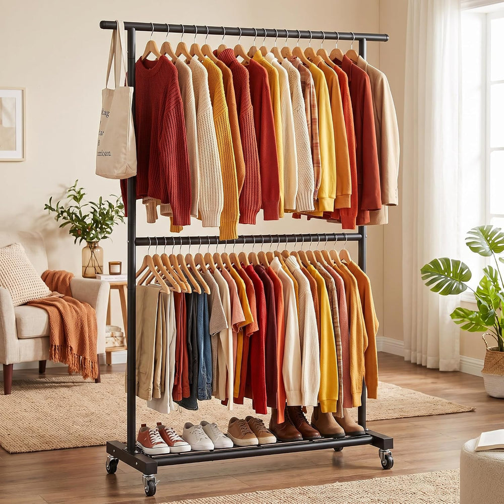 Sywhitta Double Rod Metal Clothing Rack on Wheels with Bottom Mesh,Black