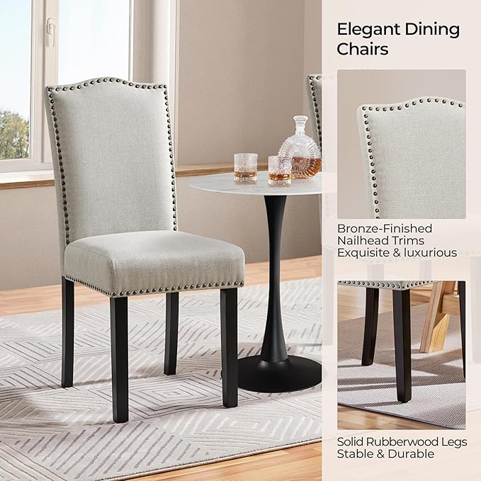 Yaheetech Dining Chairs Set of 2 Modern Kitchen Chairs with Fabric Upholstered Seat and Solid Wood Legs for Home Kitchen, Beige