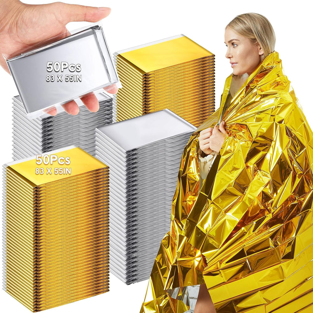 Copkim 100 Pcs 83 x 55 Emergency Foil Blankets for Survival, Gold Silver