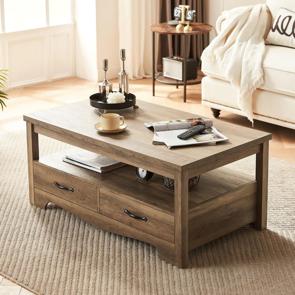 LINSY Farmhouse Coffee Table, Rectangle Coffee Table with Drawers, Rustic Woo...