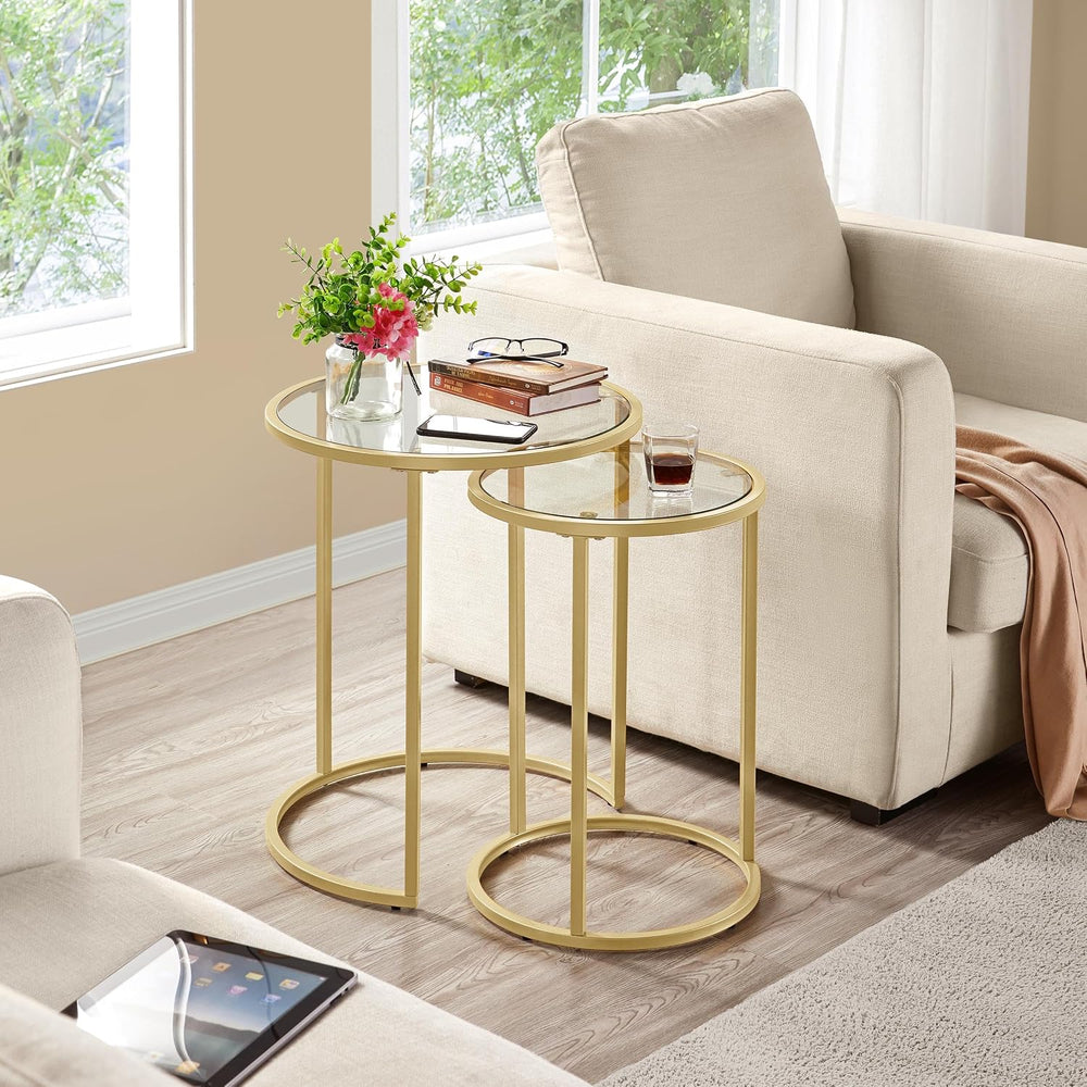 Yaheetech Round Nesting Side Table Set of 2, Gold Metal Frame and Glass Top