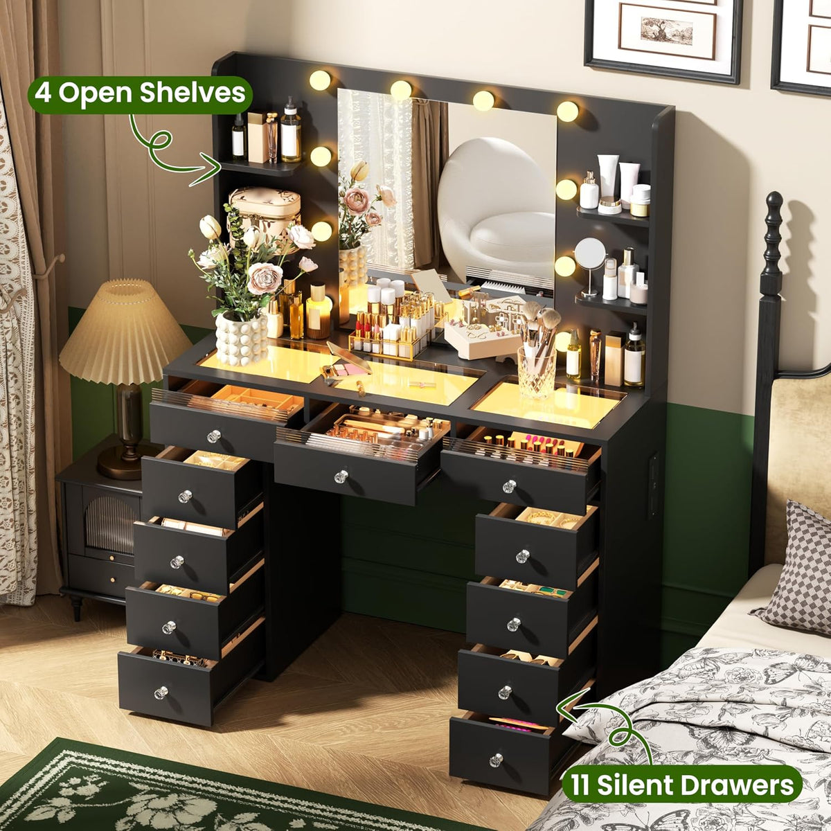 IFSEB Makeup Vanity Desk with Lights, Black Vanity Glass Top, 23.5'' Mirror | 11 Drawers, 3 Color Bulbs, RGB Lighting, Charging Station, 10X Magnifying Mirror, Crystal Knobs, Hair Dryer Rack, Fir Wood