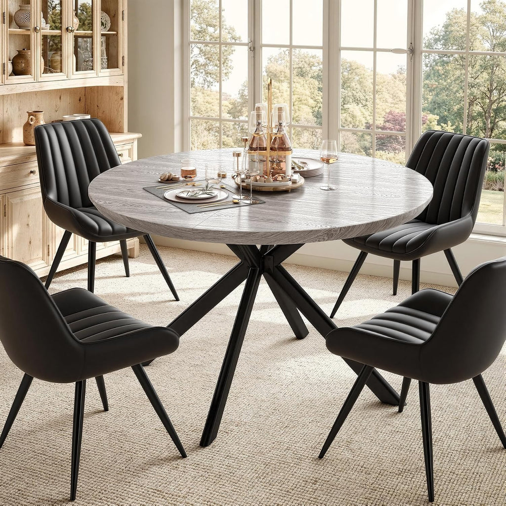 47.2" 5-Piece Round Dining Table Set for 4, Modern Wood Dining Table with 4 Upholstered Chairs, Kitchen & Dining Room Table Set with Metal Base for Apartment, Small Space, Grey Table+4 Balck Chairs