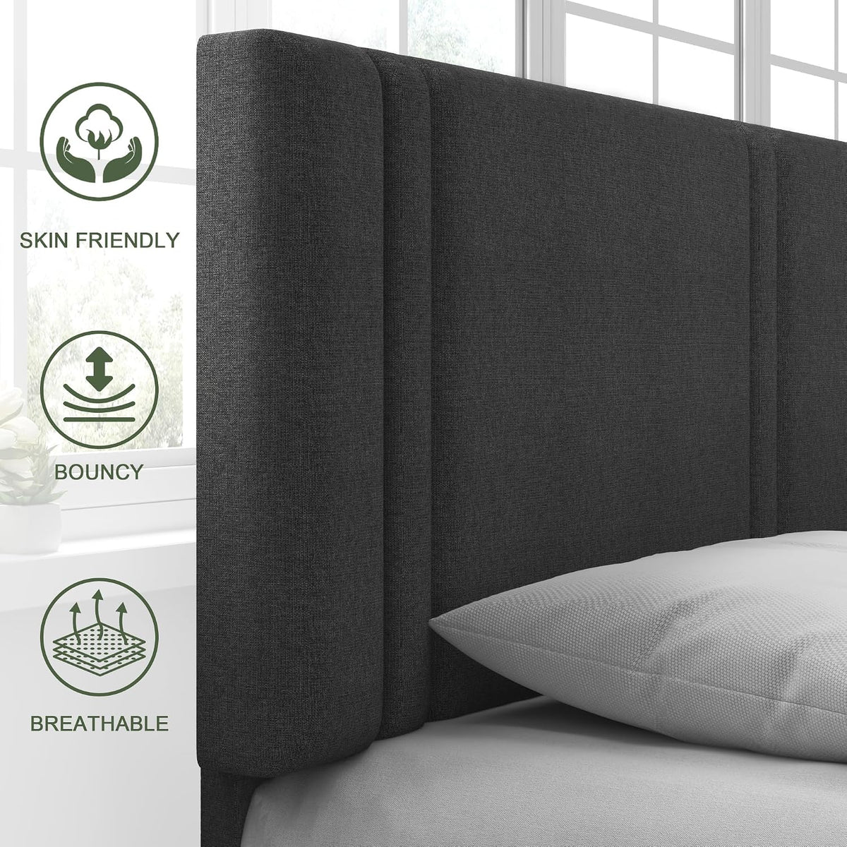 Feonase Full Size Platform Bed Frame, Fabric Upholstered Full Bed Frame, Solid Wood Slats & Heavy Duty Feet Support, No Box Spring Needed, Noise-Free, Easy Assembly, Dark Grey