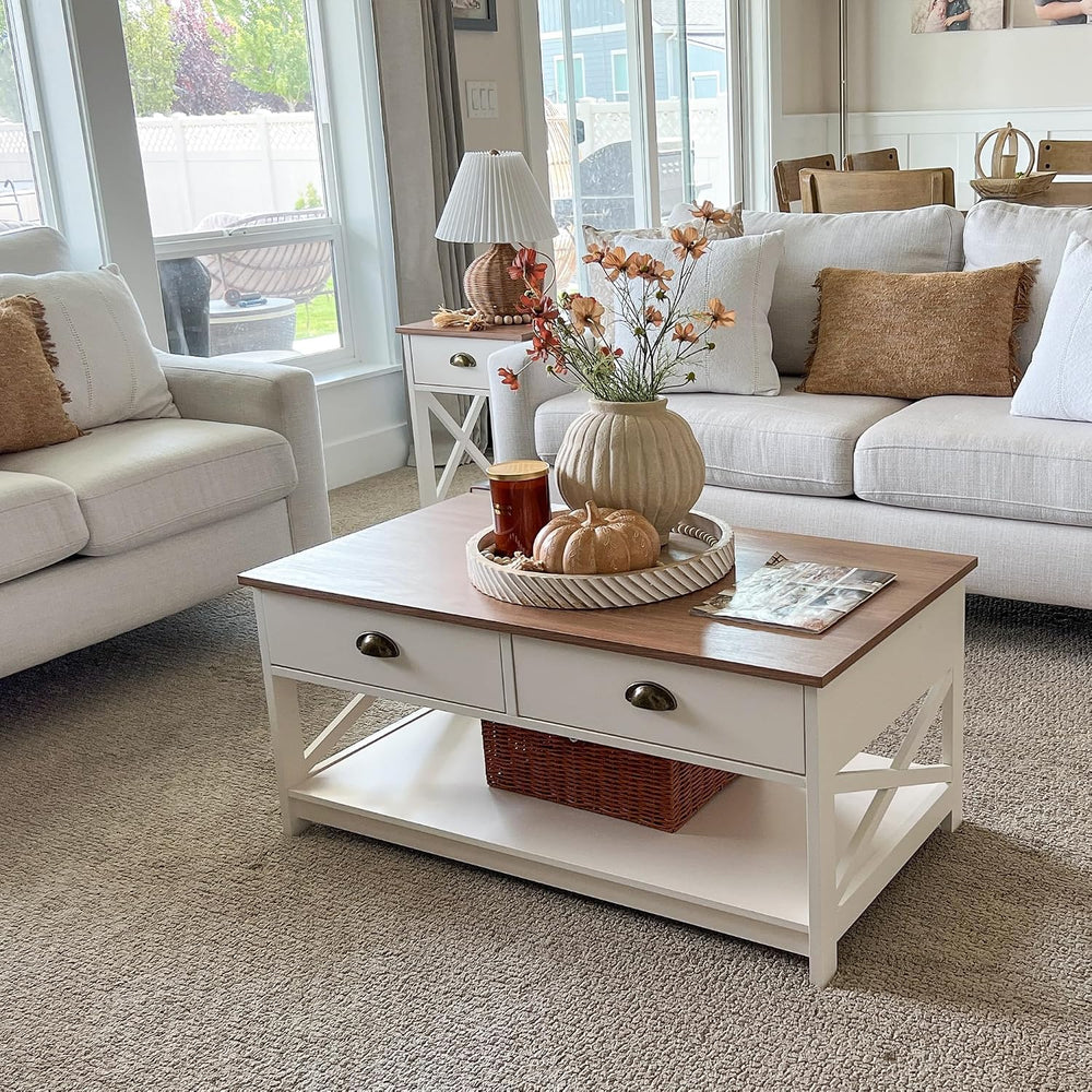 PHI VILLA White Coffee Table with Drawers,2 Tiers Living Room Coffee Table