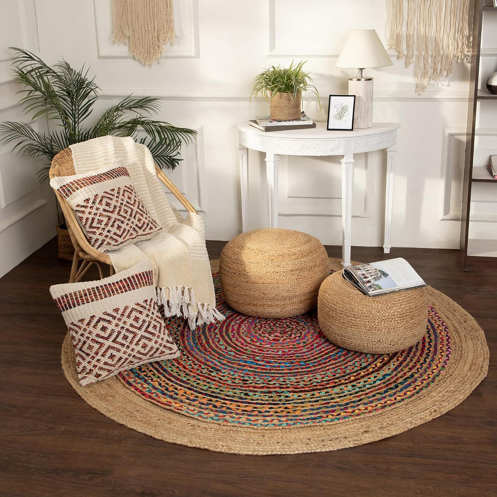 · REDEARTH · Jute Circular Low Pouf - Pouffe Foot Stool - Natural, Set of 2