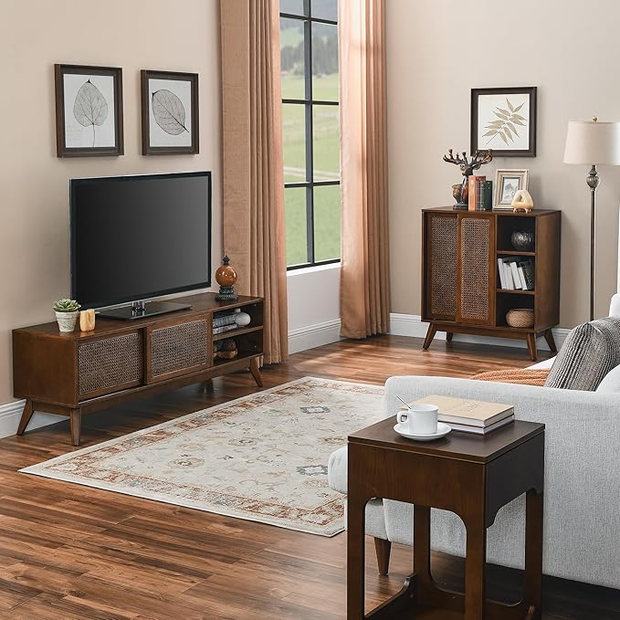 LKTART Boho Mid Century TV Stand,59" Rattan Entertainment Center,Media Console with Solid Wood Legs,Adjustable Feet & Divided Storage,TV Cabinet for 65 Inch TV,Dark Walnut