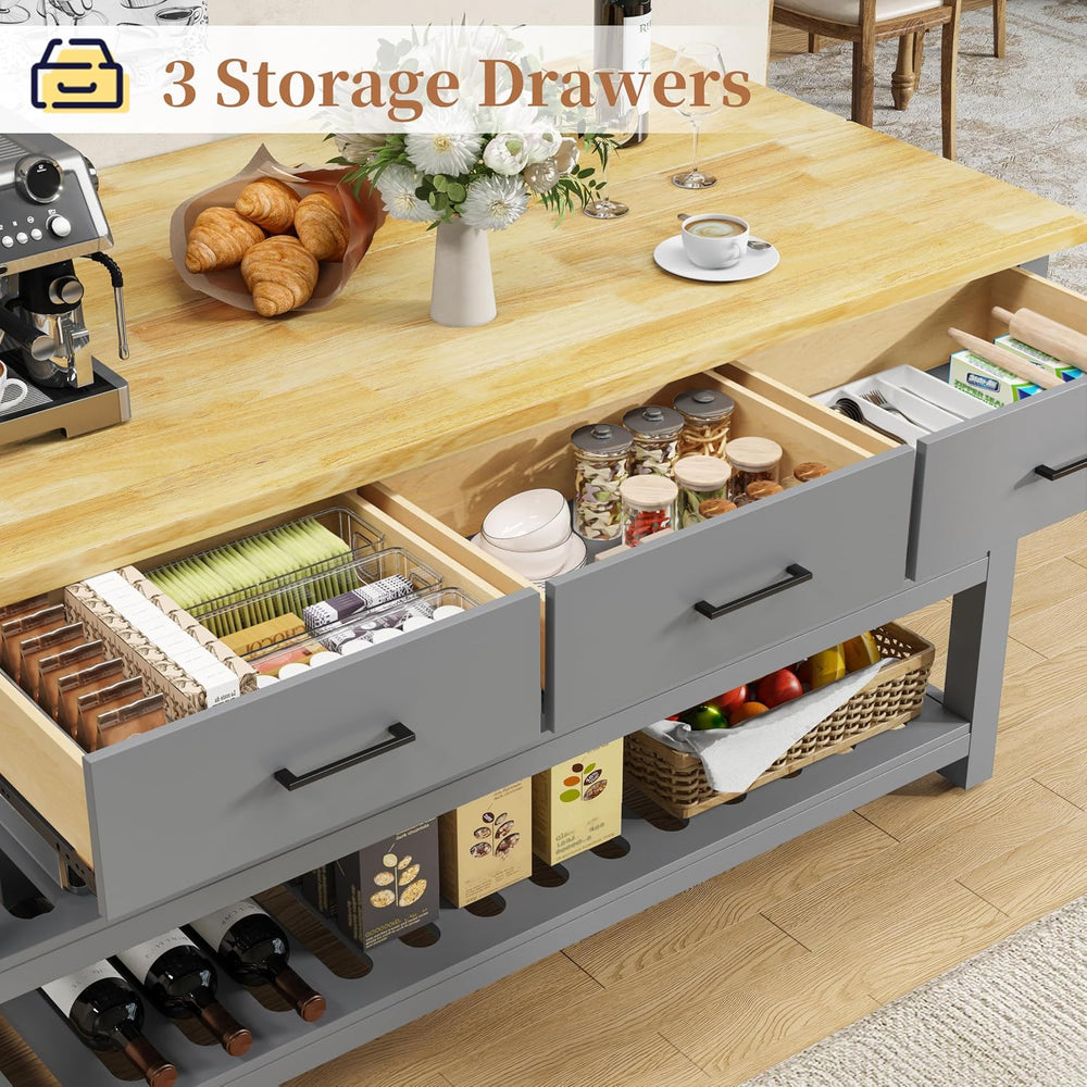 DynJest 60" Solid Rubberwood Kitchen Island with Power Outlets, Hooks, Grey