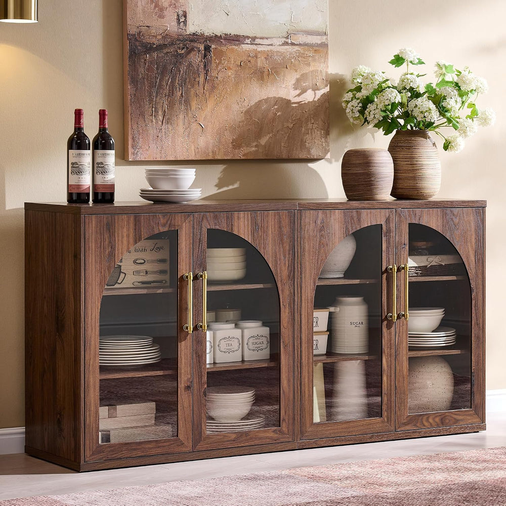 ACCOHOHO Glass Arched Door Sideboard Buffet Cabinet Set of 3, Brown