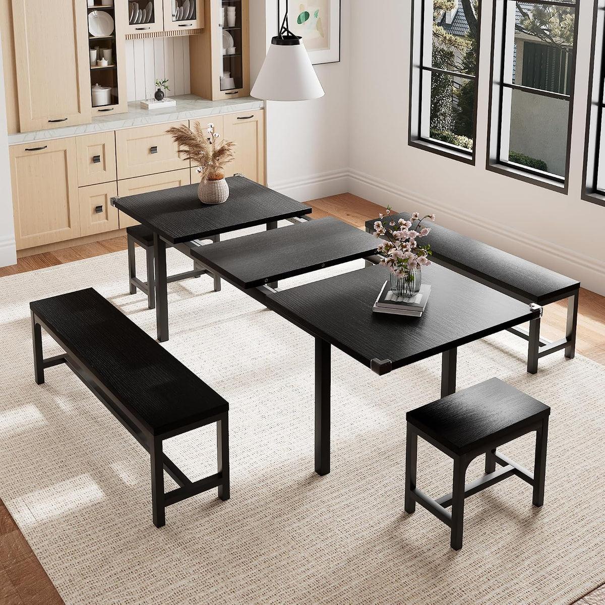 Einhomn 5-Piece Dining Table Set for 4-6, 63" Extendable Kitchen Table with 2 Benches & 2 Stools, Metal Frame & MDF Board, Farmhouse Space-Saving Dinette for Kitchen, Dining Room, Black