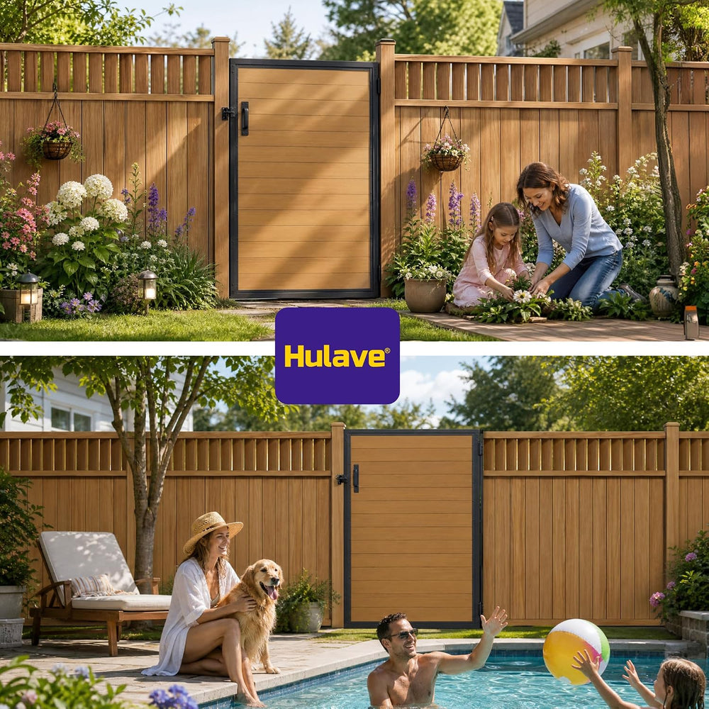 Hulave 4x5FT(46.8" Wx59 H) Fence Gate Kit Wood Grain Aluminum Panel, Brown