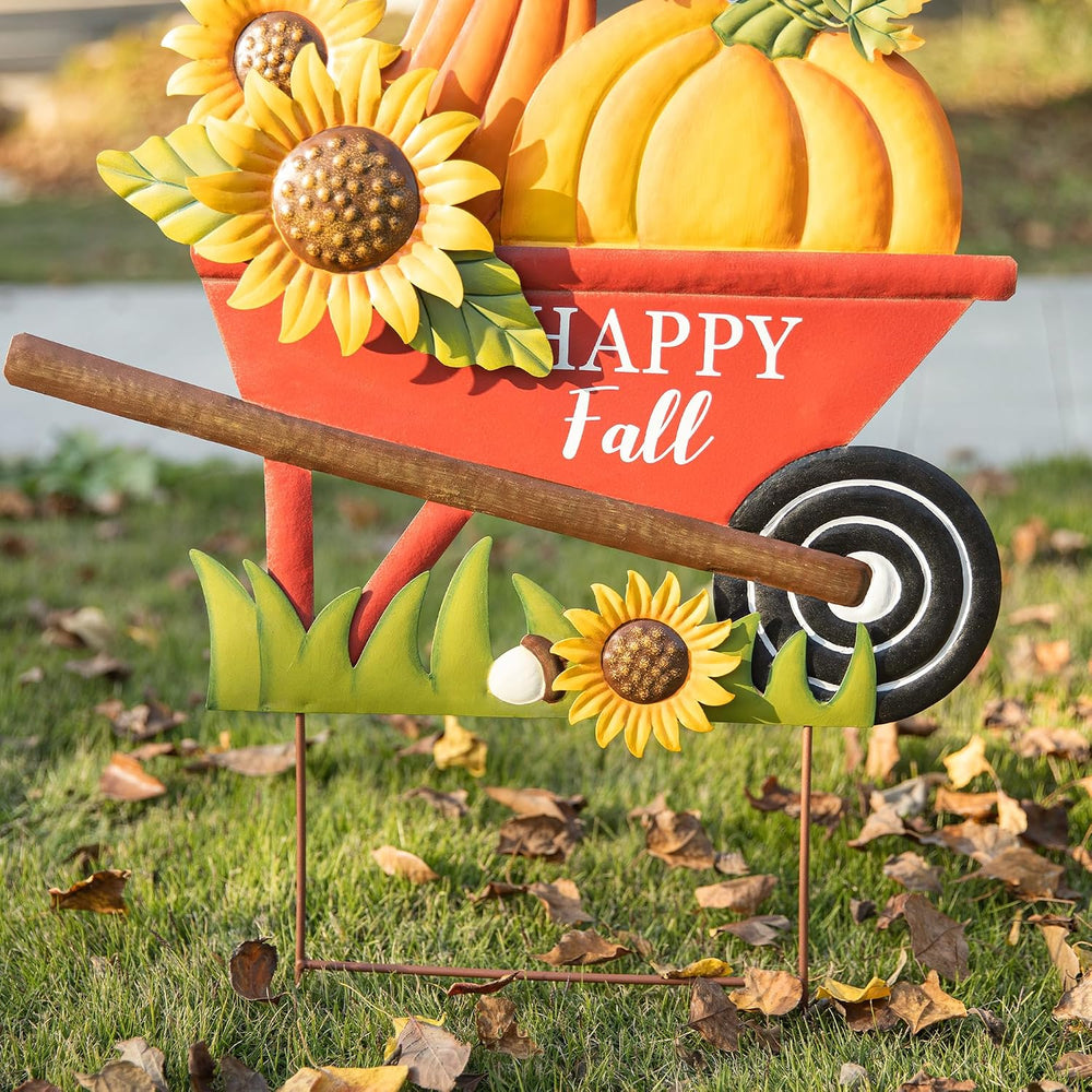 Glitzhome 30" H Fall Metal Wheel Barrow Pumpkin Yard Stake/Hanging Wall ...