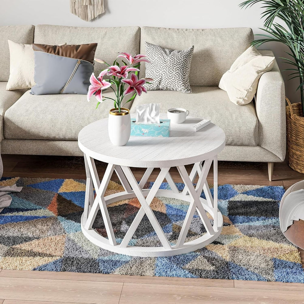 COZAYH Farmhouse Coffee Table, Rustic Round Coffee Table with X-Motifs Legs, ...