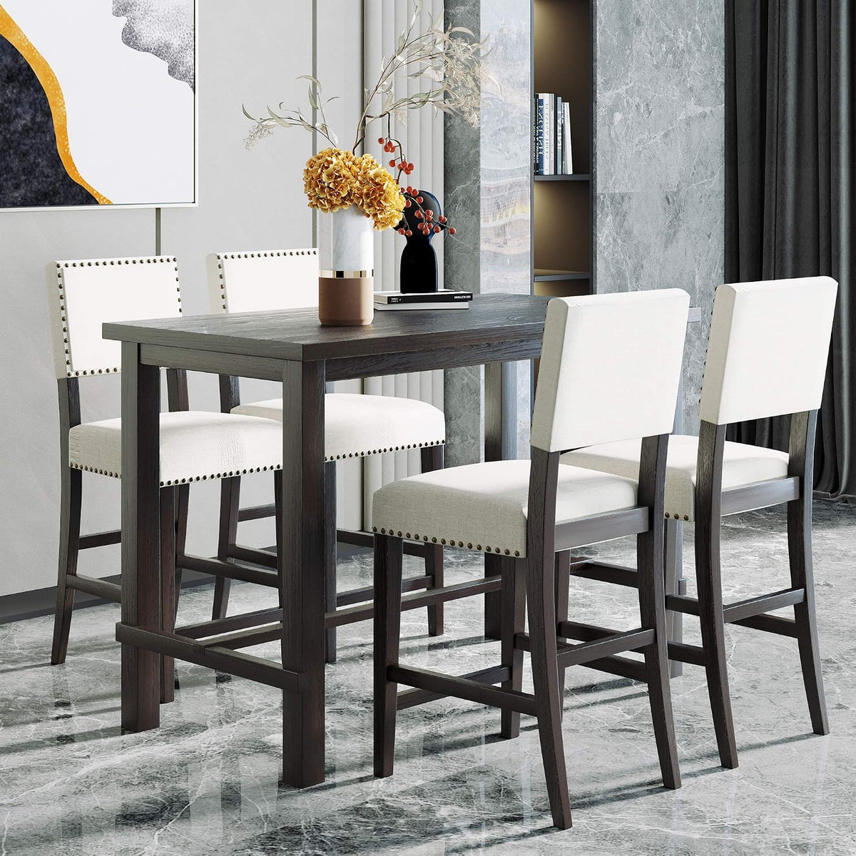 Merax 5 Piece Dining Table Set for 4, Counter Height, Espresso