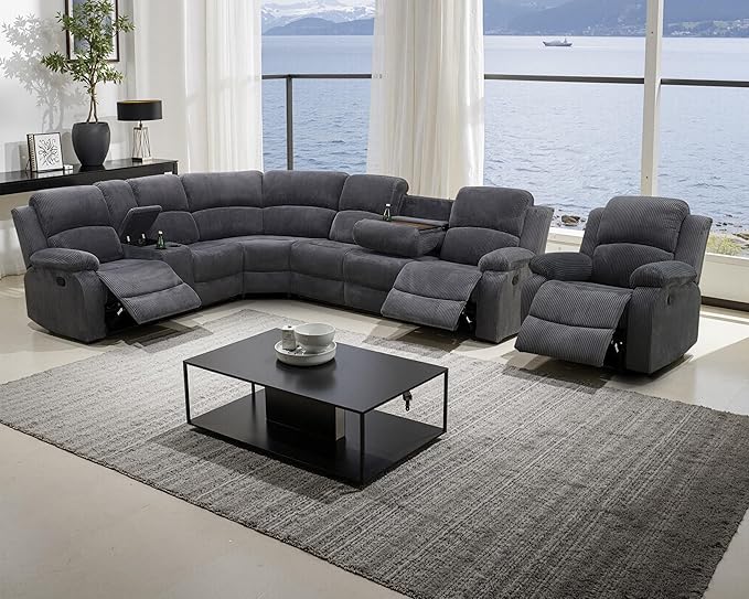 Manual Recliner Sectional Sofa Set, Corduroy L-Shaped Living Room Furniture Sets, Reclining Sectional Corner Couch and Recliner Chair Set for Home Office (Dark Grey, Sectional + Chair)