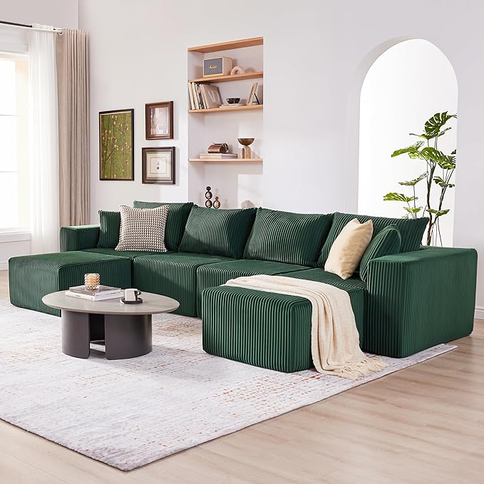 135.4" Cloud Couch Sectional, Modular Sectional Sofa with Deep Seat, Plush Corduroy U Shaped Couch, Convertible Sectional Couches for Living Room, 6Seat, Green