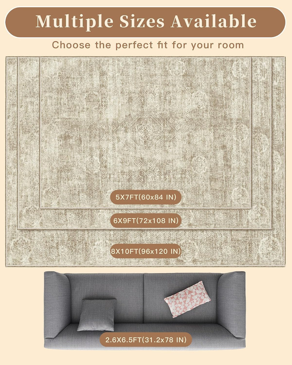 Madane 8x10 Area Rugs for Living Room, Washable Vintage Beige Rug