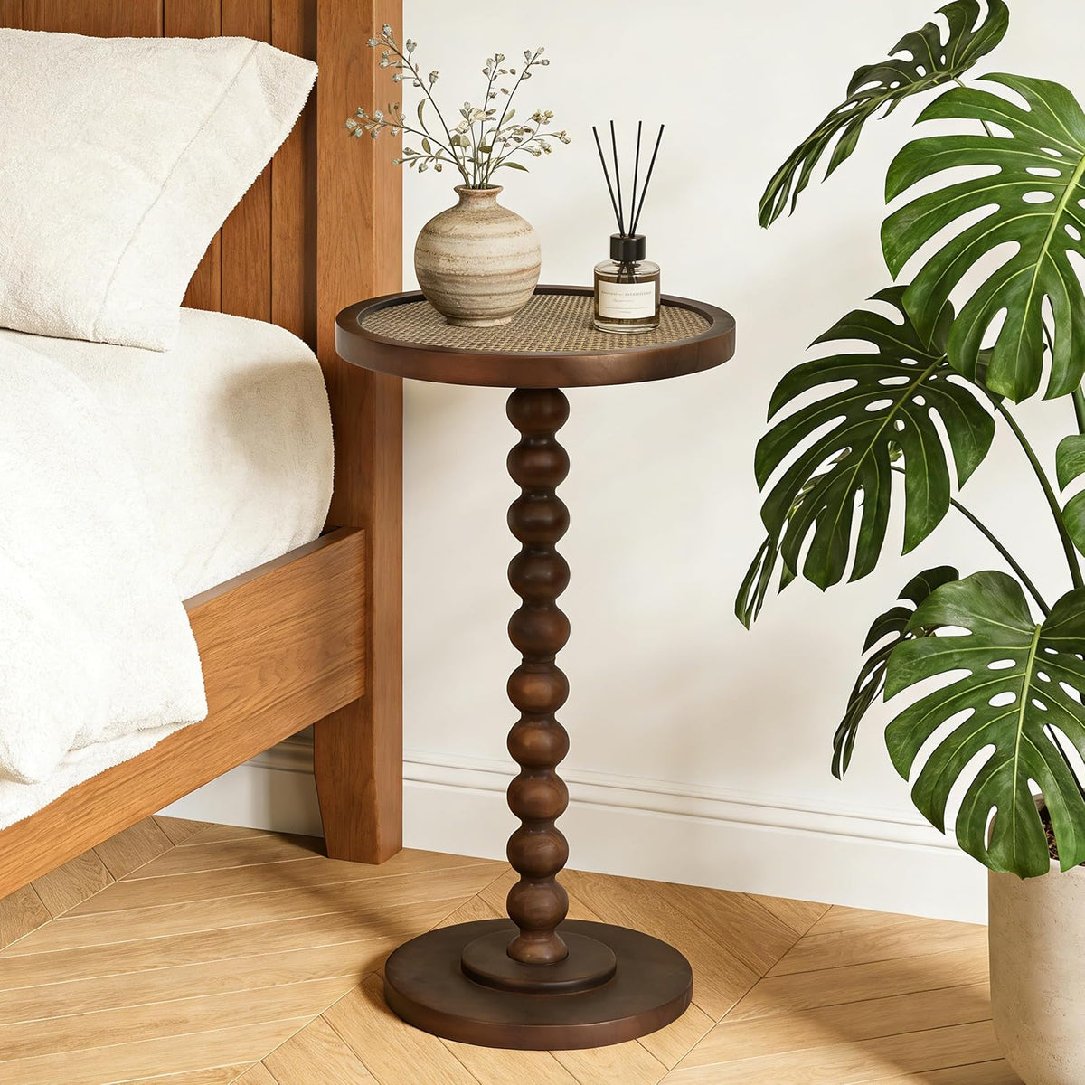 COVLON Solid Wood Drink Table, Small Pedestal Side Table for Small Spaces, Rattan Accent End Table Nightstand with Bread Leg for Living Room, Bedroom, Corners, and Office, Brown