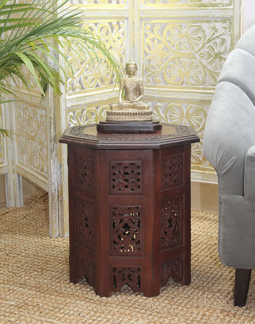 COTTON CRAFT Solid Wood End Table - Hand Carved Folding Accent Side Table