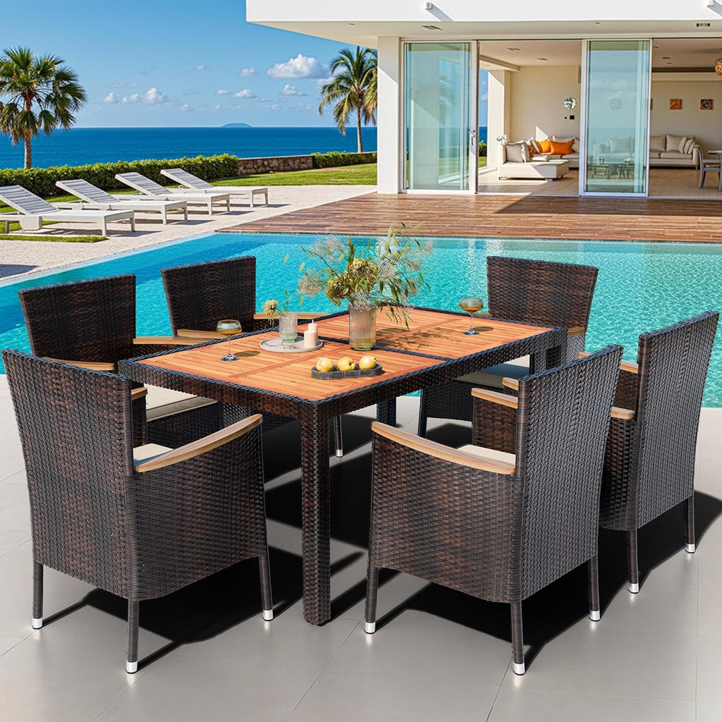 shintenchi 7 pcs wicker patio dining set, brown shown in use