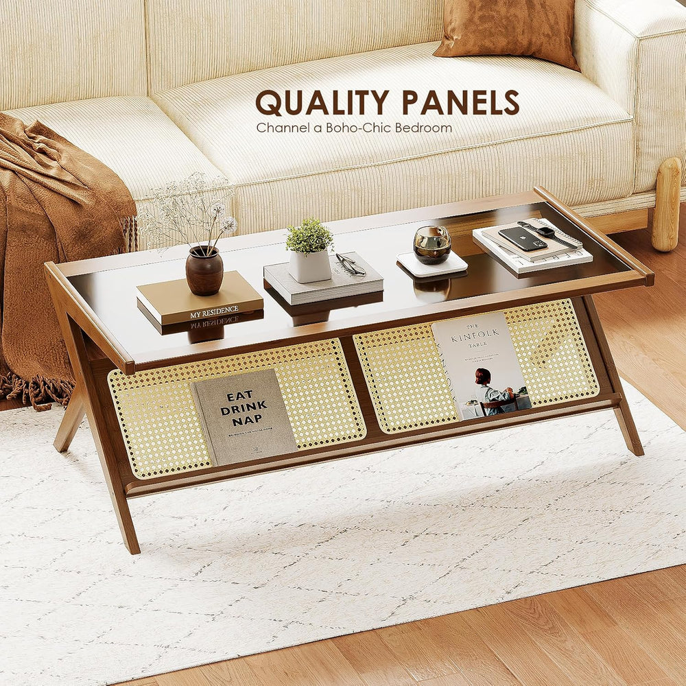 Bamworld Rattan Coffee Table with Glass Top Mid-Century Modern Center Table