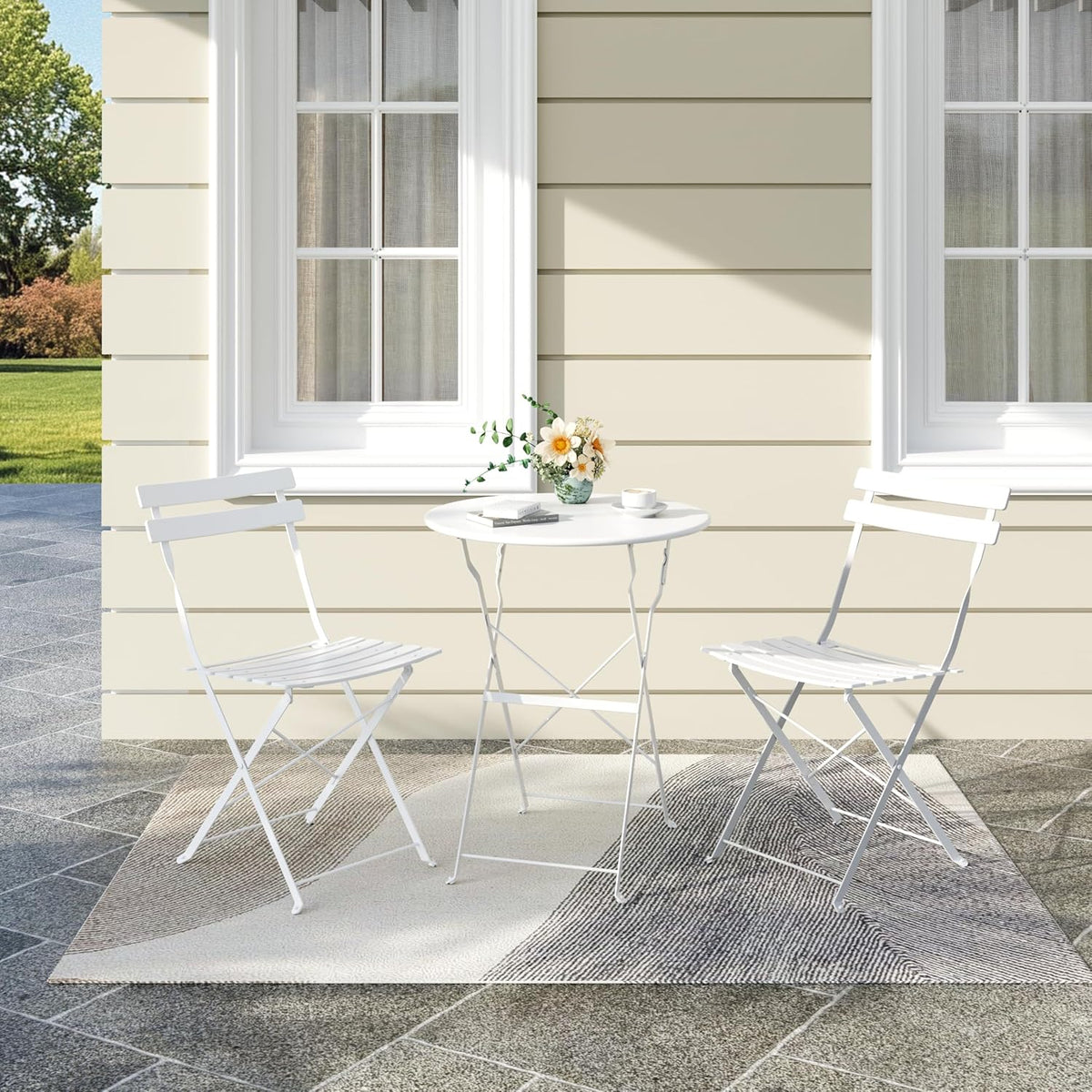 Bistro Table and Chairs Set of 2, 3 Piece Folding Patio Bistro Set, White