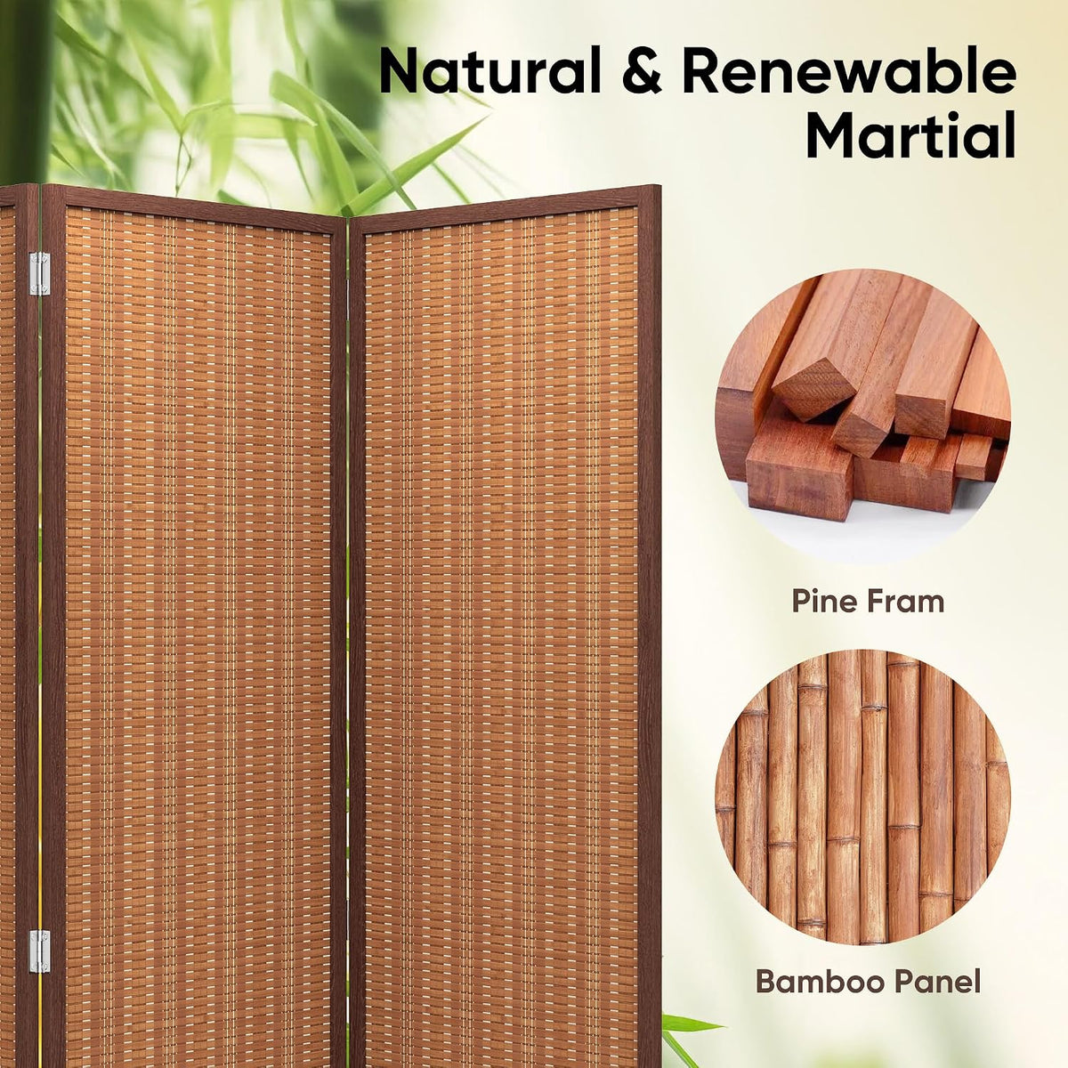 JOSTYLE 4 Panel Folding Privacy Screen 6ft Bamboo Freestanding Room Divider