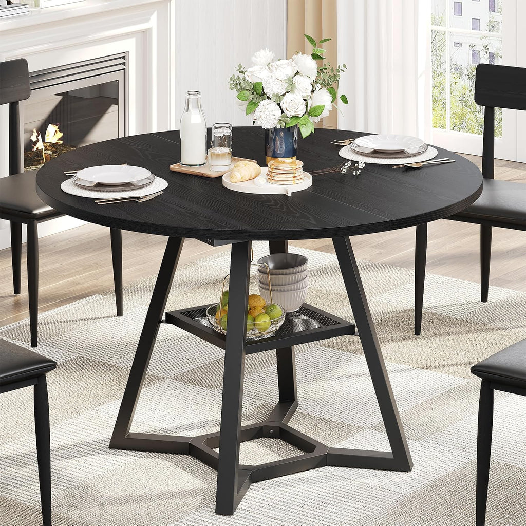 knoworld Round Dining Table for 4, Kitchen Tables Dining Room Circle Dinner Table with Pedestal Metal Frame, Space Saving Wood Industrial Kitchen & Dining Room Tables (Black, 43In)