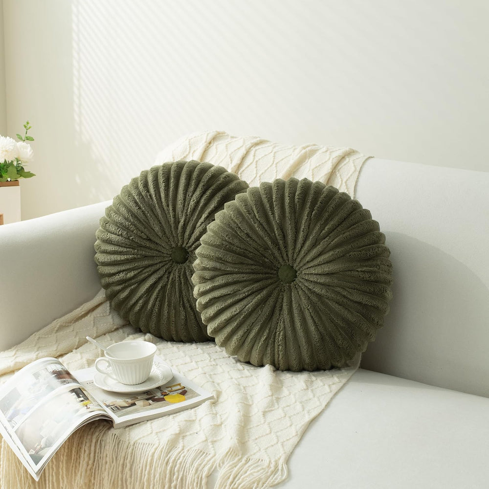 HIG Set of 2 Olive Flannel Decorative Round Pleated Throw Pillows