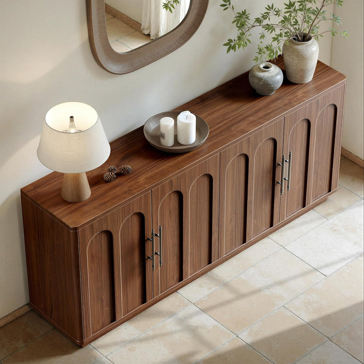 Evermagin 67" Arched Walnut Sideboard Buffet Cabinet with Storage