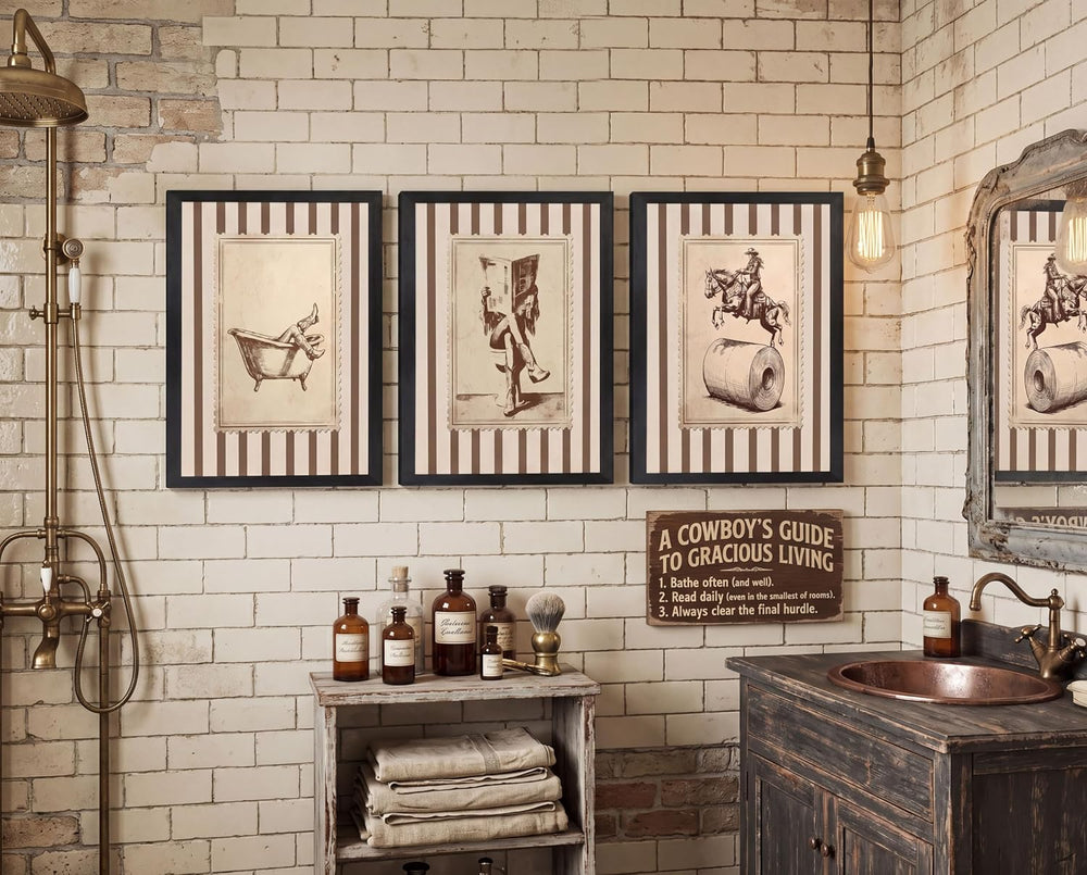 WWSGSG 3Pcs Funny Cowgirl Bathroom Canvas Wall Art Black Wood Framed12x16in
