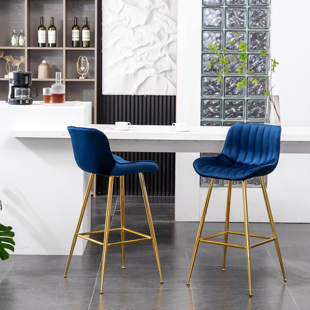 Sidanli Velvet Blue Bar Stools, 29 Inch Upholstered Island Stools with Footre...