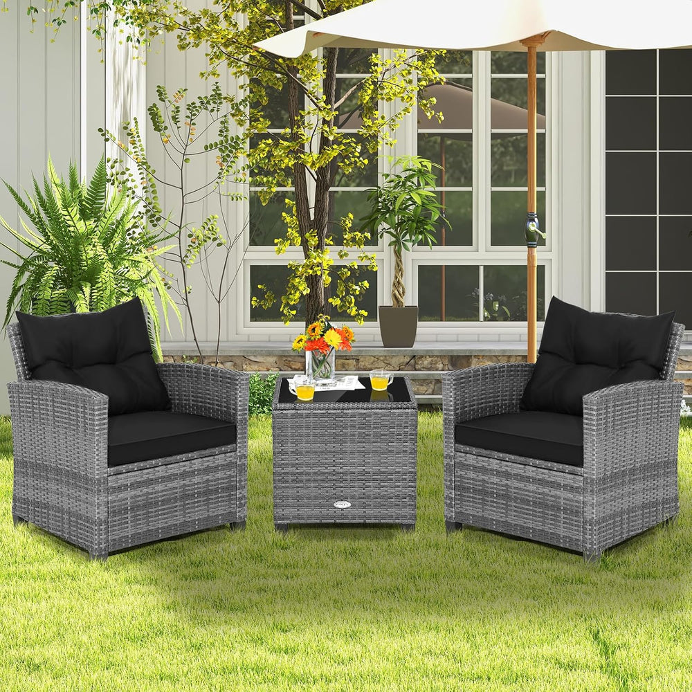 Tangkula 3 Pieces Patio Furniture Set, Outdoor PE Rattan Conversation Chair S...