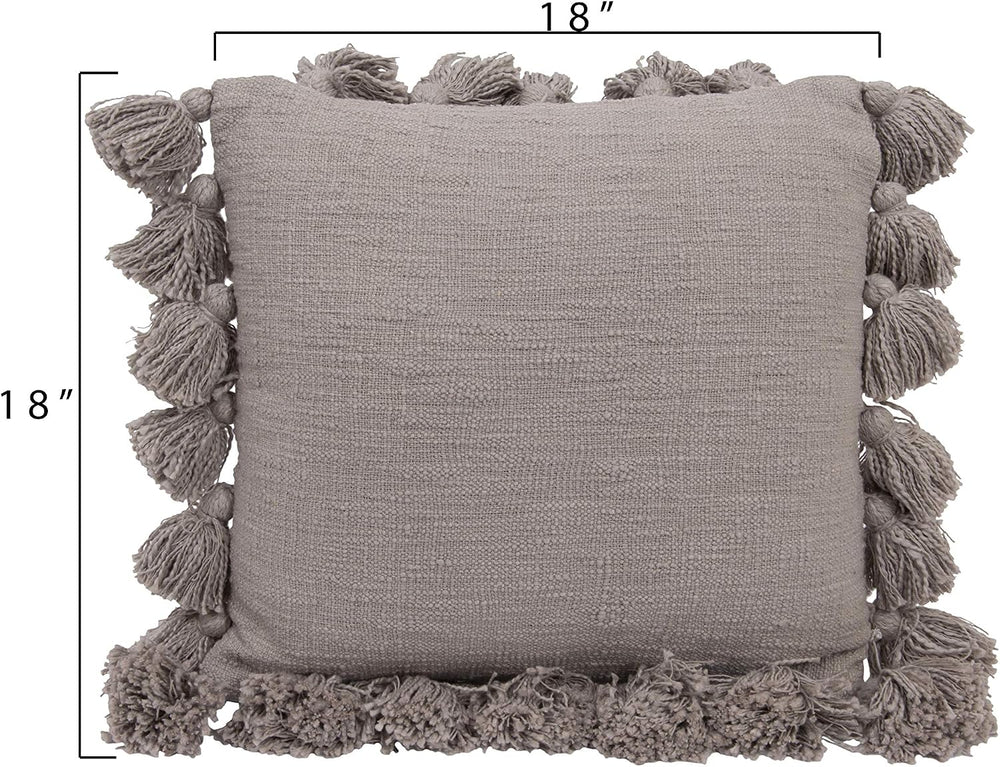 Grey Square Cotton Pillow with Tassels